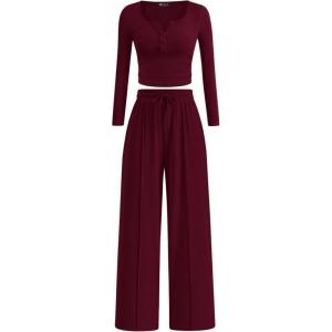 imagePRETTYGARDEN Womens 2026 Fall Trendy 2 Piece Outfits Lounge Sets Long Sleeve Top Henley Shirts Wide Leg Pants Travel ClothesBurgundy