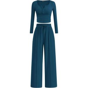 imagePRETTYGARDEN Womens 2026 Fall Trendy 2 Piece Outfits Lounge Sets Long Sleeve Top Henley Shirts Wide Leg Pants Travel ClothesDark Blue