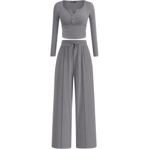 imagePRETTYGARDEN Womens 2026 Fall Trendy 2 Piece Outfits Lounge Sets Long Sleeve Top Henley Shirts Wide Leg Pants Travel ClothesGrey
