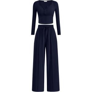 imagePRETTYGARDEN Womens 2026 Fall Trendy 2 Piece Outfits Lounge Sets Long Sleeve Top Henley Shirts Wide Leg Pants Travel ClothesNavy Blue