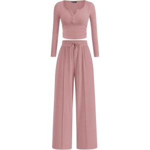 imagePRETTYGARDEN Womens 2026 Fall Trendy 2 Piece Outfits Lounge Sets Long Sleeve Top Henley Shirts Wide Leg Pants Travel ClothesPink