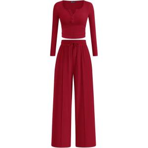 imagePRETTYGARDEN Womens 2026 Fall Trendy 2 Piece Outfits Lounge Sets Long Sleeve Top Henley Shirts Wide Leg Pants Travel ClothesRed