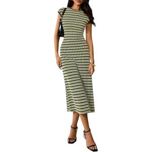 imagePRETTYGARDEN Womens 2026 Summer Bodycon Midi Dress Casual Striped Cap Sleeve Party Wedding Guest Dresses Vacation OutfitsStriped Army Green White