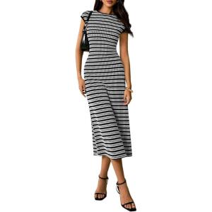 imagePRETTYGARDEN Womens 2026 Summer Bodycon Midi Dress Casual Striped Cap Sleeve Party Wedding Guest Dresses Vacation OutfitsStriped Black White