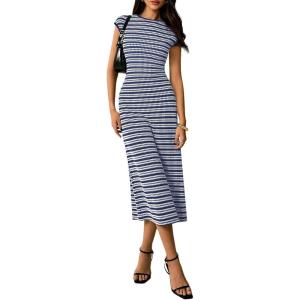 imagePRETTYGARDEN Womens 2026 Summer Bodycon Midi Dress Casual Striped Cap Sleeve Party Wedding Guest Dresses Vacation OutfitsStriped Navy White