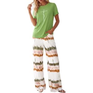 imagePRETTYGARDEN Womens Pajama Sets 2 Piece Lounge PJ Set 2026 Summer Soft Sleepwear Short Sleeve Top Loose Pants Spring OutfitsGreen