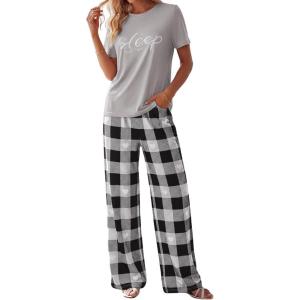 imagePRETTYGARDEN Womens Pajama Sets 2 Piece Lounge PJ Set 2026 Summer Soft Sleepwear Short Sleeve Top Loose Pants Spring OutfitsGrey