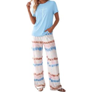 imagePRETTYGARDEN Womens Pajama Sets 2 Piece Lounge PJ Set 2026 Summer Soft Sleepwear Short Sleeve Top Loose Pants Spring OutfitsLight Blue
