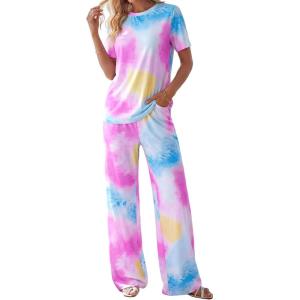 imagePRETTYGARDEN Womens Pajama Sets 2 Piece Lounge PJ Set 2026 Summer Soft Sleepwear Short Sleeve Top Loose Pants Spring OutfitsMulticolor