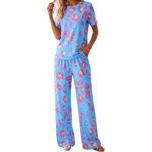imagePRETTYGARDEN Womens Pajama Sets 2 Piece Lounge PJ Set 2026 Summer Soft Sleepwear Short Sleeve Top Loose Pants Spring OutfitsMulticolor Leopard
