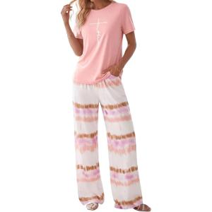 imagePRETTYGARDEN Womens Pajama Sets 2 Piece Lounge PJ Set 2026 Summer Soft Sleepwear Short Sleeve Top Loose Pants Spring OutfitsPink