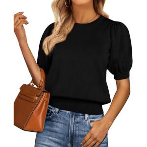 imagePRETTYGARDEN Womens Sweaters Spring 2026 Summer Puff Short Sleeve Sweater Trendy Cute Knit Work Blouses Business Casual TopsBlack