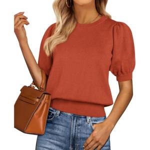 imagePRETTYGARDEN Womens Sweaters Spring 2026 Summer Puff Short Sleeve Sweater Trendy Cute Knit Work Blouses Business Casual TopsBrick Red