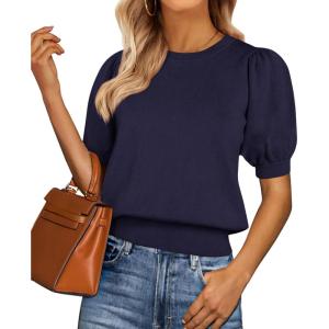 imagePRETTYGARDEN Womens Sweaters Spring 2026 Summer Puff Short Sleeve Sweater Trendy Cute Knit Work Blouses Business Casual TopsDark Blue