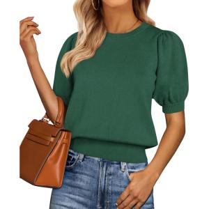 imagePRETTYGARDEN Womens Sweaters Spring 2026 Summer Puff Short Sleeve Sweater Trendy Cute Knit Work Blouses Business Casual TopsDark Green