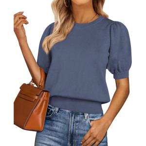 imagePRETTYGARDEN Womens Sweaters Spring 2026 Summer Puff Short Sleeve Sweater Trendy Cute Knit Work Blouses Business Casual TopsGrey Blue