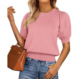 imagePRETTYGARDEN Womens Sweaters Spring 2026 Summer Puff Short Sleeve Sweater Trendy Cute Knit Work Blouses Business Casual TopsPink