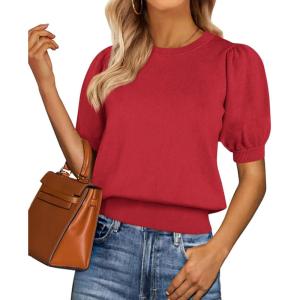 imagePRETTYGARDEN Womens Sweaters Spring 2026 Summer Puff Short Sleeve Sweater Trendy Cute Knit Work Blouses Business Casual TopsRed