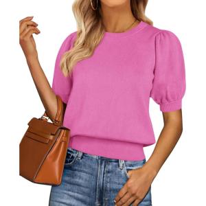imagePRETTYGARDEN Womens Sweaters Spring 2026 Summer Puff Short Sleeve Sweater Trendy Cute Knit Work Blouses Business Casual TopsRose Red
