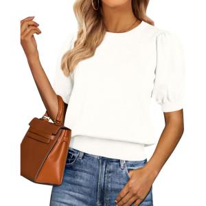 imagePRETTYGARDEN Womens Sweaters Spring 2026 Summer Puff Short Sleeve Sweater Trendy Cute Knit Work Blouses Business Casual TopsWhite