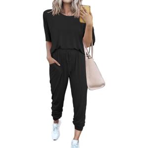imagePRETTYGARDEN Womens Two Piece Lounge Sets 2026 Spring Summer Jogger Pants Vacation Outfits Travel Airplane Matching ClothesAblack