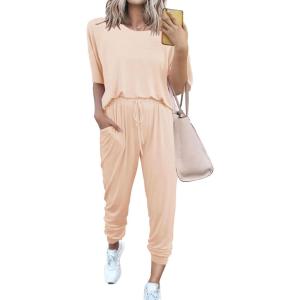 imagePRETTYGARDEN Womens Two Piece Lounge Sets 2026 Spring Summer Jogger Pants Vacation Outfits Travel Airplane Matching ClothesBeige