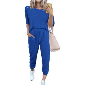 imagePRETTYGARDEN Womens Two Piece Lounge Sets 2026 Spring Summer Jogger Pants Vacation Outfits Travel Airplane Matching ClothesBlue