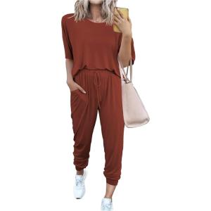 imagePRETTYGARDEN Womens Two Piece Lounge Sets 2026 Spring Summer Jogger Pants Vacation Outfits Travel Airplane Matching ClothesBrick Red