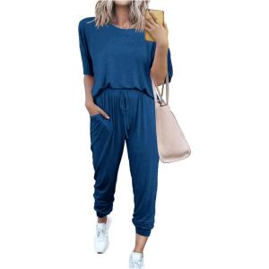 imagePRETTYGARDEN Womens Two Piece Lounge Sets 2026 Spring Summer Jogger Pants Vacation Outfits Travel Airplane Matching ClothesDark Blue