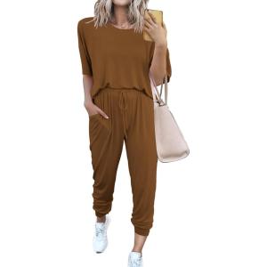 imagePRETTYGARDEN Womens Two Piece Lounge Sets 2026 Spring Summer Jogger Pants Vacation Outfits Travel Airplane Matching ClothesDark Brown