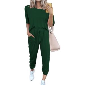 imagePRETTYGARDEN Womens Two Piece Lounge Sets 2026 Spring Summer Jogger Pants Vacation Outfits Travel Airplane Matching ClothesDark Green