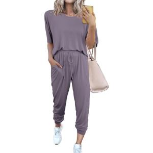 imagePRETTYGARDEN Womens Two Piece Lounge Sets 2026 Spring Summer Jogger Pants Vacation Outfits Travel Airplane Matching ClothesGrey