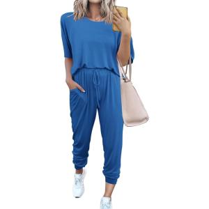 imagePRETTYGARDEN Womens Two Piece Lounge Sets 2026 Spring Summer Jogger Pants Vacation Outfits Travel Airplane Matching ClothesGrey Blue