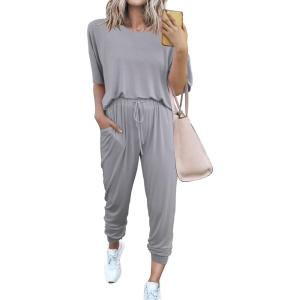 imagePRETTYGARDEN Womens Two Piece Lounge Sets 2026 Spring Summer Jogger Pants Vacation Outfits Travel Airplane Matching ClothesLight Grey