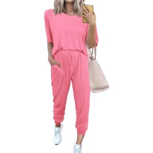 imagePRETTYGARDEN Womens Two Piece Lounge Sets 2026 Spring Summer Jogger Pants Vacation Outfits Travel Airplane Matching ClothesLight Pink