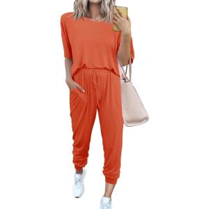 imagePRETTYGARDEN Womens Two Piece Lounge Sets 2026 Spring Summer Jogger Pants Vacation Outfits Travel Airplane Matching ClothesOrange Red