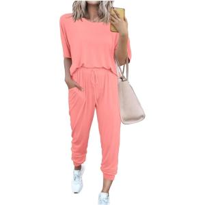 imagePRETTYGARDEN Womens Two Piece Lounge Sets 2026 Spring Summer Jogger Pants Vacation Outfits Travel Airplane Matching ClothesPink