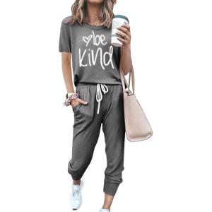 imagePRETTYGARDEN Womens Two Piece Lounge Sets 2026 Spring Summer Jogger Pants Vacation Outfits Travel Airplane Matching ClothesPrint Dark Grey