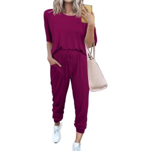 imagePRETTYGARDEN Womens Two Piece Lounge Sets 2026 Spring Summer Jogger Pants Vacation Outfits Travel Airplane Matching ClothesPurple