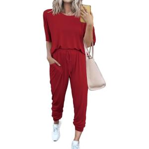 imagePRETTYGARDEN Womens Two Piece Lounge Sets 2026 Spring Summer Jogger Pants Vacation Outfits Travel Airplane Matching ClothesRed