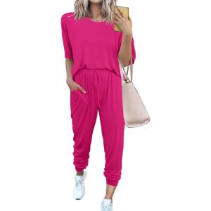 imagePRETTYGARDEN Womens Two Piece Lounge Sets 2026 Spring Summer Jogger Pants Vacation Outfits Travel Airplane Matching ClothesRose Red