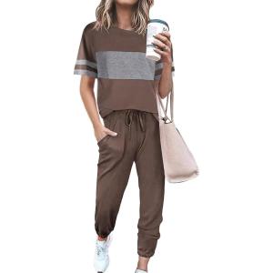 imagePRETTYGARDEN Womens Two Piece Lounge Sets 2026 Spring Summer Jogger Pants Vacation Outfits Travel Airplane Matching ClothesStriped Dark Khaki