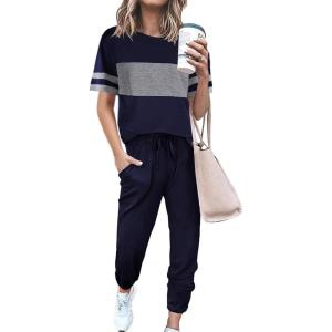 imagePRETTYGARDEN Womens Two Piece Lounge Sets 2026 Spring Summer Jogger Pants Vacation Outfits Travel Airplane Matching ClothesStriped Navy