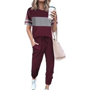 imagePRETTYGARDEN Womens Two Piece Lounge Sets 2026 Spring Summer Jogger Pants Vacation Outfits Travel Airplane Matching ClothesStriped Wine Red