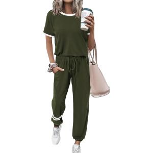 imagePRETTYGARDEN Womens Two Piece Lounge Sets 2026 Spring Summer Jogger Pants Vacation Outfits Travel Airplane Matching ClothesStripes Army Green