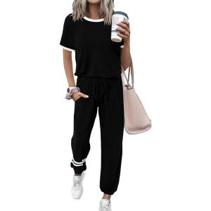 imagePRETTYGARDEN Womens Two Piece Lounge Sets 2026 Spring Summer Jogger Pants Vacation Outfits Travel Airplane Matching ClothesStripes Black