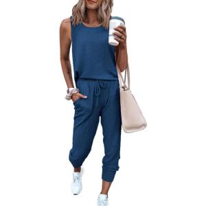 imagePRETTYGARDEN Womens Two Piece Outfit Sets Casual Summer Sleeveless Matching Lounge Wear Spring Travel Clothes TracksuitDark Blue