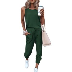 imagePRETTYGARDEN Womens Two Piece Outfit Sets Casual Summer Sleeveless Matching Lounge Wear Spring Travel Clothes TracksuitDark Green