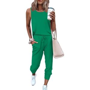 imagePRETTYGARDEN Womens Two Piece Outfit Sets Casual Summer Sleeveless Matching Lounge Wear Spring Travel Clothes TracksuitGreen