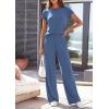 imagePRETTYGARDEN Womens 2026 Summer 2 Piece Matching Lounge Sets Short Sleeve Shirts Tops Wide Leg Pants Travel Airport OutfitsBlue